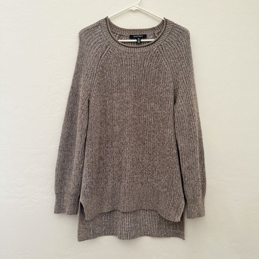Ellen Tracy Sweater Womens M Oatmeal Marl Hi Low Hem Chunky Knit Cotton Cozy